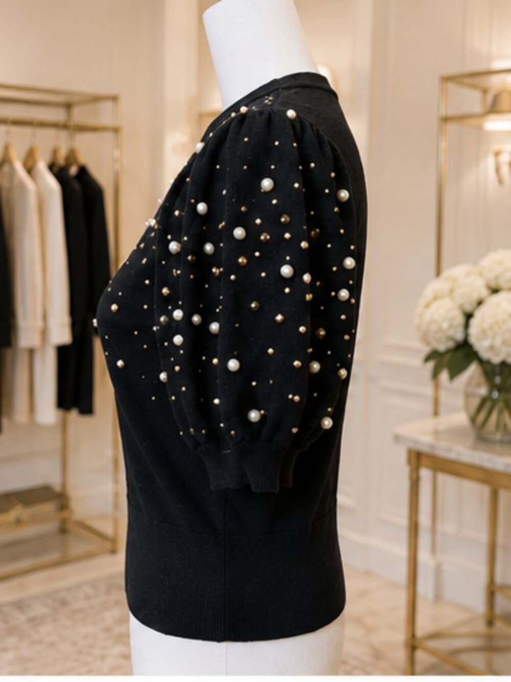 Adrianna Papell Black Pearl-Embellished Puff Sleeve Sweater, size L - Picture 4 of 7